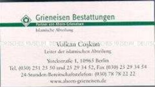 Visitenkarte der islamischen Abteilung eines Bestattungsunternehmens (in deutscher Sprache)