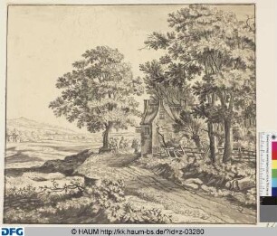 Landschaft mit Wegbiegung, Bäumen und Gasthof