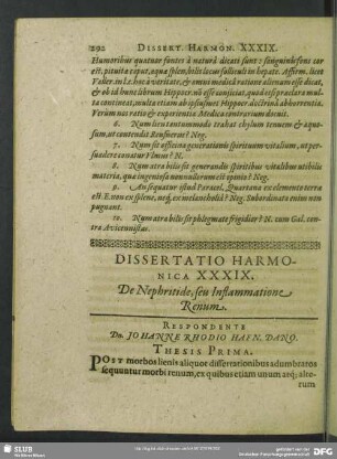Dissertatio Harmonica XXXIX. De Nephritide, seu Inflammatione Renum