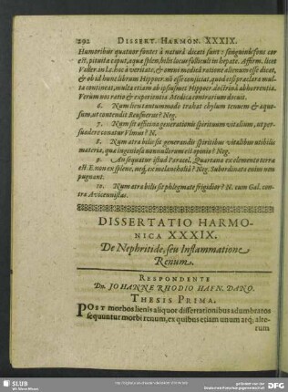 Dissertatio Harmonica XXXIX. De Nephritide, seu Inflammatione Renum
