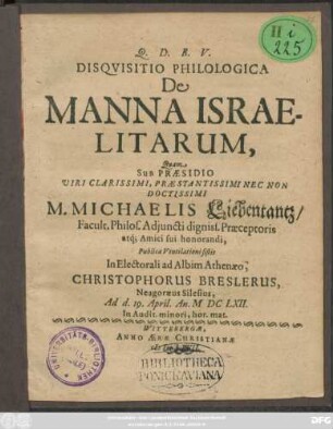 Disquisitio Philologica De Manna Israelitarum