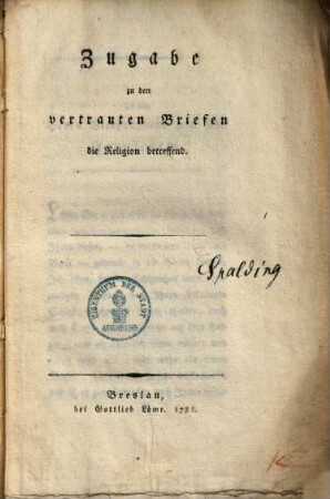 Zugabe zu den vertrauten Briefen die Religion betreffend