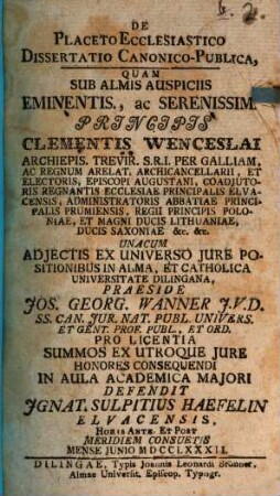 De placeto ecclesiastico dissertatio canonico-publica