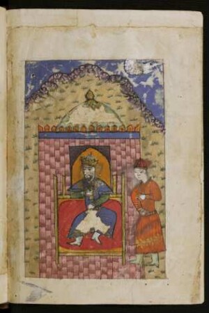 Illustration: Oġuz Ḫān sitzt Wein trinkend auf seinem Thron