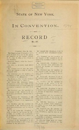 Record : State of New York. In Convention. [Kopft.] [Rückent.:] State of New York in Convention 1894. 2