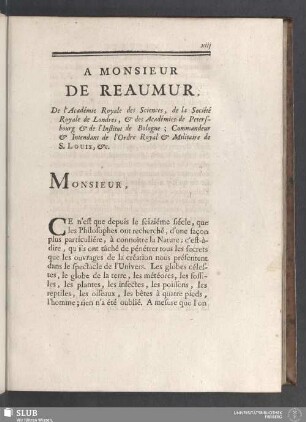 A Monsieur de Reaumur