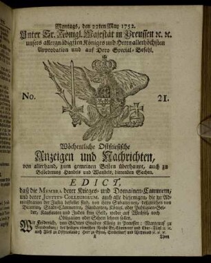 No. 21. Montags, den 22ten May 1752.