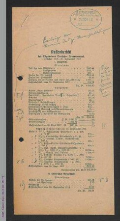 Kassenbericht des ADF vom 1. Oktober 1916 bis 30.09.1917