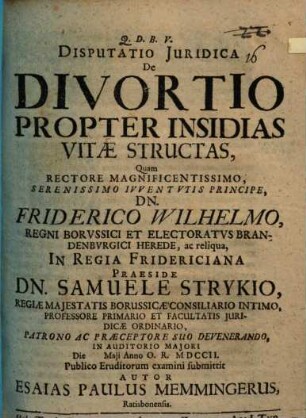 Disputatio Juridica De Divortio Propter Insidias Vitæ Structas
