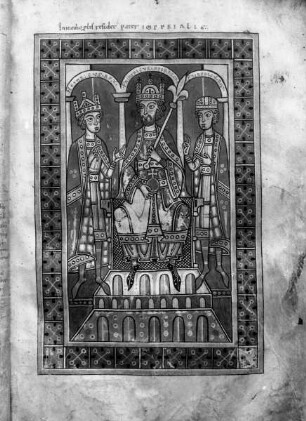 Nekrolog, Welfenchronik und Heiligenviten — Kaiser Friedrich Barbarossa thront zwischen seinen Söhnen Heinrich und Friedrich, Folio 14recto