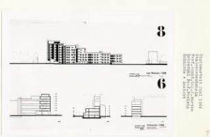 Studentenwohnheim, Bochum (Diplomarbeit bei Peter Poelzig): Ansicht von Westen und Schnitte 1:200