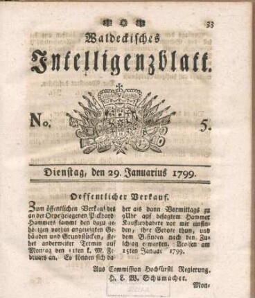 No. 5, Dienstag, den 29. Januarius 1799