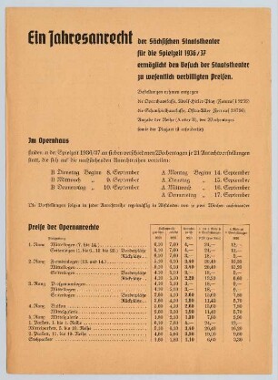 Einlegeblatt Jahresanrecht der Sächsischen Staatstheater für die Spielzeit 1936/1937. Preise der Opernanrechte (recto) und der Schauspielanrechte (verso). In: Programmheft Sächsische Staatstheater, Schauspielhaus Dresden. 02.05.1930. Druck; 22 x 16 cm. Dresden: SLUB Z.4.8