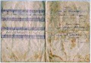 Handgezeichnete und -geschriebene Glückwunschkarte zum Geburtstag mit dem Text und Noten eines in Kriegsgefangenschaft verfassten Liedes - Personenkonvolut