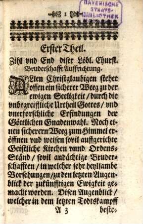 Bruderschafft Deß Heiligen Ertz-Engel unnd Himmels-Fürsten Michael : Welche Auß Gnädigister Verordnung deß ... Herrn Joseph Clementen, Ertz-Bischofen zu Cölln ... angefangen und auffgericht in deß gemelten Heiligen Ertz-Engels Michael Capellen zu Berg am Laimb, den 8. May an dem Fest der Erscheinung dises H. Ertz-Engels, Anno 1693