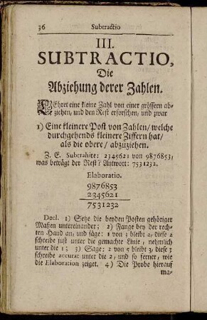 III. Subtractio, Die Abziehung derer Zahlen.