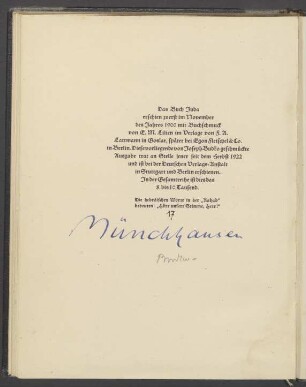 Exemplar Nr. "17" (mit Tinte geschrieben), von Münchhausen und Budko handsigniert