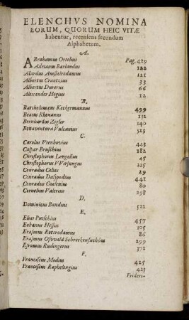 Elenchus Nomina Eorum, Quorum Heic Vitae habentur, recensens secundam Alphabetum