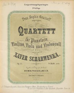 Quartett : für Pianoforte, Violine, Viola und Violoncell ; (F Dur) ; Op. 37 ; Frau Sophie Gousseff zugeeignet