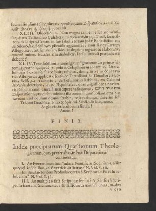 Index praecipuarum Quaestionum Theologicarum, quae, praeter alias, in hac Disputatione continentur.