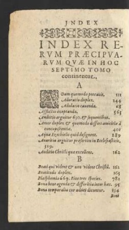 Index Rerum Praecipuarum Quae In Hoc Septimo Tomo continentur.