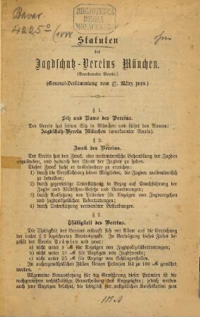 Statuten des Jagdschutz-Vereins München, Ausgabe 1888