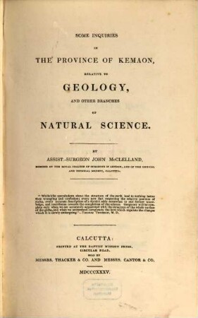 Some Inquiries in the Province of Kemaon, relative to Geology