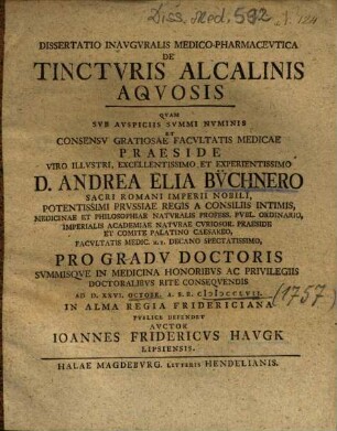 Dissertatio Inavgvralis Medico-Pharmacevtica De Tinctvris Alcalinis Aqvosis