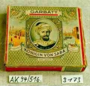 Pappschachtel mit 1 Zigarette Restinhalt für 6 Stück Zigaretten "GARBATY KÖNIGIN VON SABA" (Abbildung: Porträt eines Mannes mit Turban, im Hintergrund orientalische Stadt)