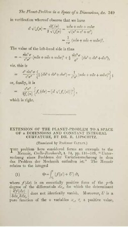 Extension of the planet-problem to a space of n dimensions and constant integral curvature, by Dr. R. Lipschitz.
