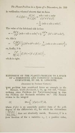 Extension of the planet-problem to a space of n dimensions and constant integral curvature, by Dr. R. Lipschitz.