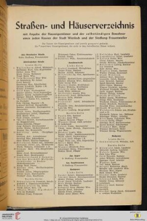 Straßen- und Häuserverzeichnis mit Angabe der Hauseigentümer und der selbständigen Bewohner eines jeden Hauses der Stadt Wiesloch und der Siedlung Frauenweiler