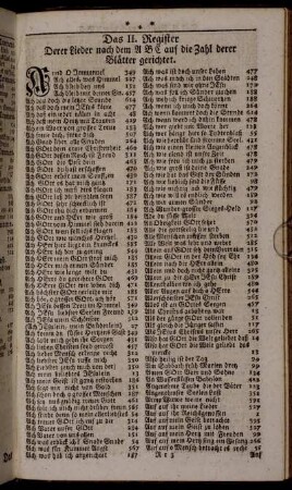 Das II. Register derer Lieder nach dem A B C auf die Zahl derer Blätter gerichtet.