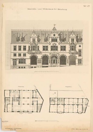 Wohn- und Geschäftshaus N. Gottschalk, Bernburg Monatskonkurrenz Januar 1888: Grundriss Erdgeschoss, Obergeschoss, Aufriss Straßenansicht; Maßstabsleiste