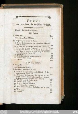 Table des matières du troisième volume.