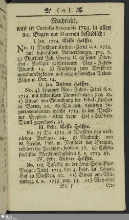 Nachricht, was in Curiosis Saxonicis 1754. in allen 24. Bogen vor Materien befindlich