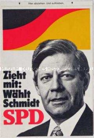 Aufkleber der SPD zur Bundestagswahl 1980 mit einem Porträt von Helmut Schmidt