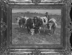 Bauer mit Kühen auf sonniger Weide