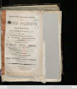 Dissertatio Inavgvralis Medica De Phthisi Pvlmonvm Vlcerosa