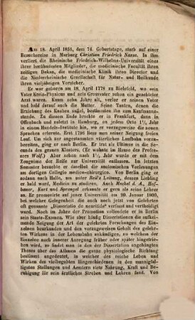 Christian Friedrich Nasse : Nekrolog, vorgetragen im Auftrage des niederrhein. ges. f. Natur u. Heilkunde in des Sitz. dess. am 21 Mai. d. J. (1851.)
