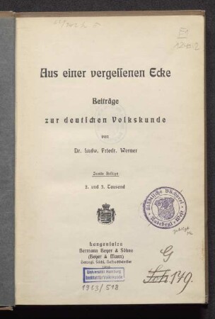 Bd. 1: Aus einer vergessenen Ecke : Beiträge zur deutschen Volkskunde