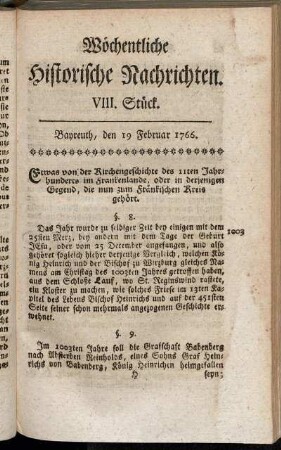 VIII. Stück. Bayreuth, den 19. Februar 1766.