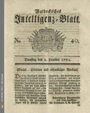 No. 40, Dienstag den 2. October 1781
