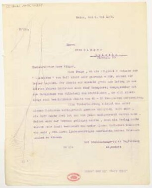 Brief an Otto Singer : 04.05.1926