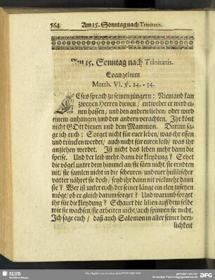 Am 15. Sonntag nach Trinitatis. Evangelium Matth. VI. v. 24.-34.
