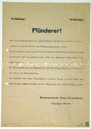 Flugblatt mit einer Warnung der Ortsgruppe Glienicke der KPD vor Plünderern