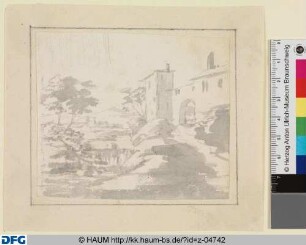 Landschaft mit Fluß und Bogendurchgang einer Burg