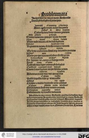 Iste est liber de vita et morte Arestotelis, qui prima sui divisione dividitur in duas partes, in quarum prima determinat de origine Arestotelis...