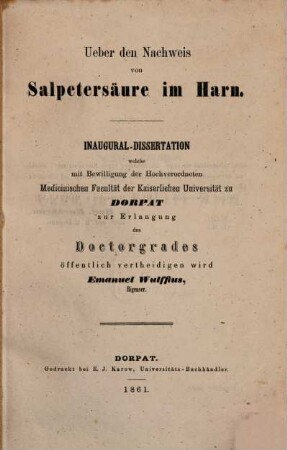 Ueber den Nachweis von Salpetersäure im Harn : Inaug. Diss.