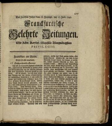 Num. LI. Freytags, den 27. Junii. 1747 - Num. LX. Freytags, den 28. Julii. 1747